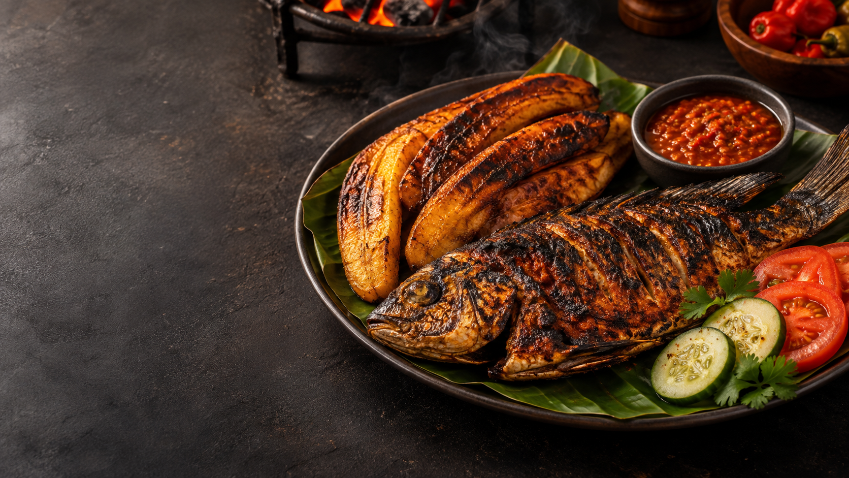 Fire-roasted plantain and whole grilled fish served with pepper sauce
